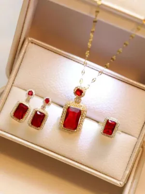 4pcs/Set Red Square & Rhinestone Necklace Set